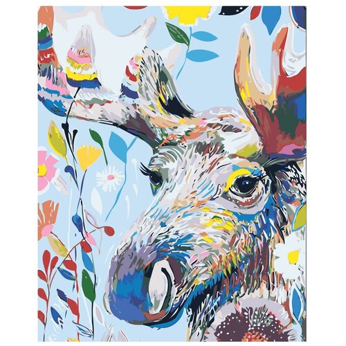 Картина по номерам, Живопись по номерам, 100 x 125, A477, олень, крупный план, рога, цветы, дудлинг, зентангл, животное, красивый