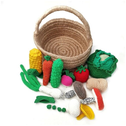 Детский игровой вязаный набор Корзинка с овощами и грибами - игровая еда корзинка для мелочей доляна эстетика 14 5×13×22 см цвет белый