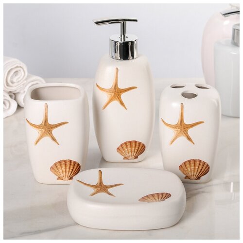 Набор аксессуаров для ванной комнаты «Море», 4 предмета (дозатор 300 мл, мыльница, 2 стакана), цвет бежевый (1шт.)
