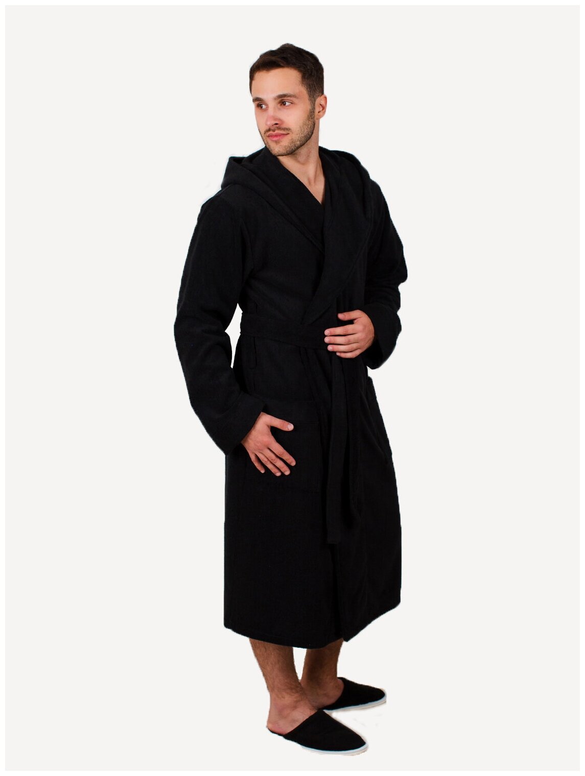Мужской махровый халат с капюшоном, черный - фотография № 4