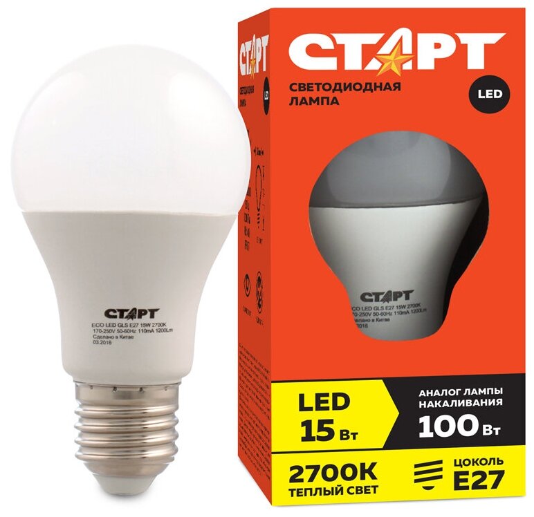 Лампа светодиодная Старт LED, серия "ЭКО" 15W30, тип А "груша" E27, 2700К, теплый свет, 15000ч (арт. 227548)