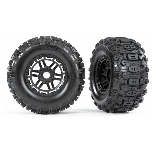 Аксессуары TRAXXAS запчасти Tires & wheels, assembled, glued (black wheels, dual profile (2.8 outer, 3.6 inner), Sledgehammer™ tires