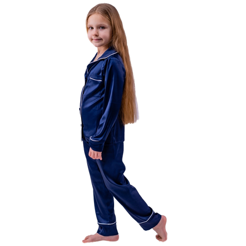 фото Пижама малиновые сны, брюки, рубашка, карманы, размер 128, синий