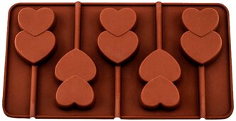 Силиконовая форма для конфет и леденцов Сердца, коричневый, 24,3х11х1,3 см