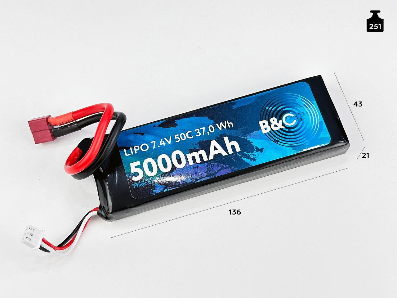 Аккумулятор Li-po B&C 5000 MAH 7.4v (2s), 50C, T-plug, Soft case — фото 1