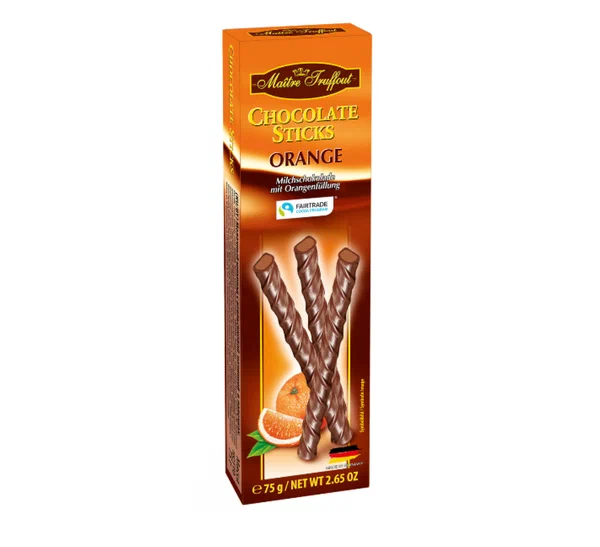 Шоколадные палочки Maitre Truffout с апельсиново-шоколадным кремом, 75 г