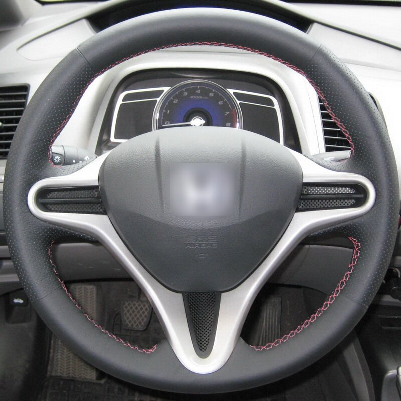 Накладка из натуральной кожи "Кожа рулит" на руль Honda Civic VIII (2006-2011), черная, с красной нитью, для руля без штатной накладки
