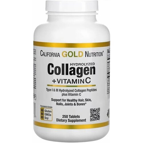 California Gold Nutrition Hydrolyzed Collagen + Vitmin C Type I & III 250 tablets (коллаген 1 и 3 типа) бады для кожи волос и ногтей california gold nutrition пептиды гидролизованного коллагена с витамином c тип 1 и 3