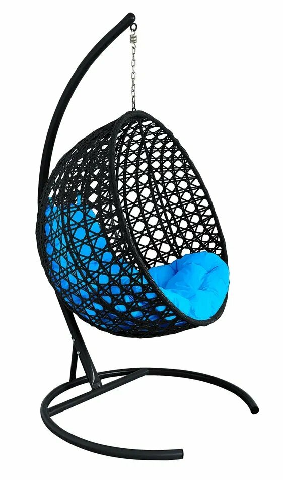 Подвесное кресло из ротанга "круг люкс" с ротангом черное, голубая подушка