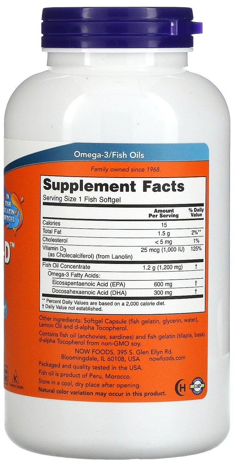 Now Foods, Ultra Omega 3-D, Ультраомега-3 с витамином D, 600 ЭПК / 300 ДГК, 180 капсул — фото 1