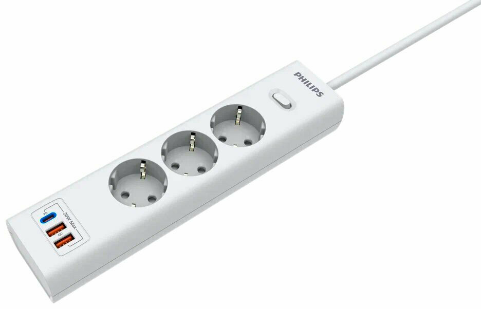 Сетевой фильтр Philips 3 розетки с USB (PD/QC3.0 5/9/12В) 20 Вт кабель - 3 м белый