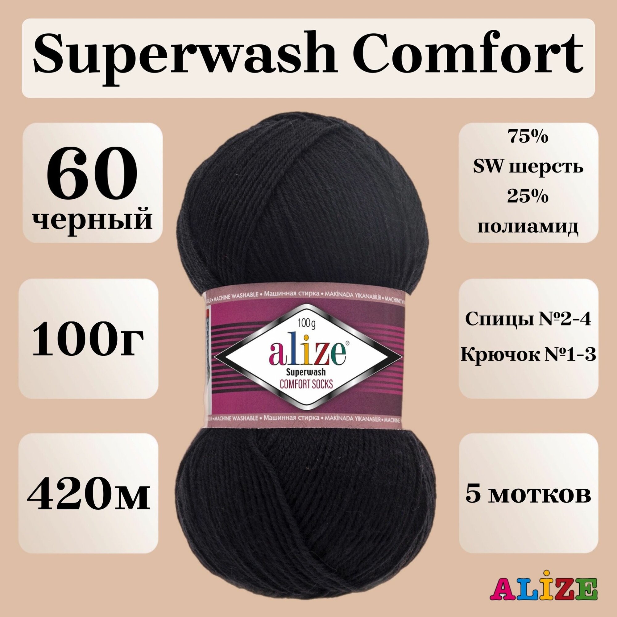 Пряжа для вязания Alize Superwash Comfort Socks, цвет 60 черный, 100г, 420м, 5шт/упак