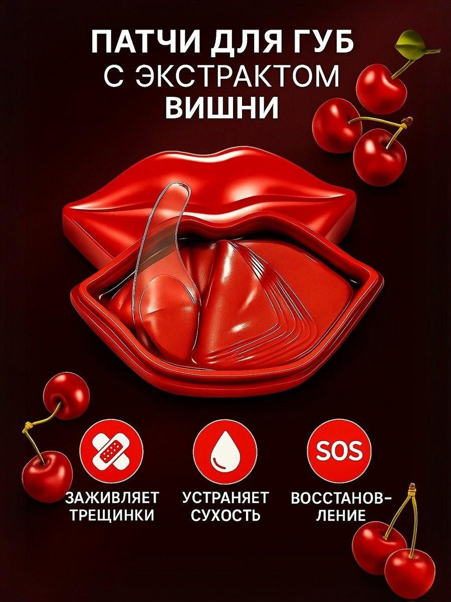 Патчи для губ гидрогелевые с экстрактом Вишни, коллагеном и гиалуроновой кислотой, маска для губ против трещин и сухости 20 шт.