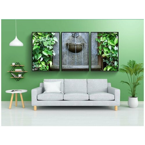 фото Набор модулных постеров для интерьера "фонтан, настенный фонтан, зелень" 60x90 см. в тубусе, без рамки lotsprints