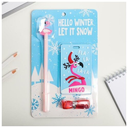 фото Набор новогодний "фламинго": чехол для бейджа, ручка, лента зимнее волшебство