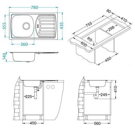 Мойка Alveus Basic 150 LEI-90 780x435x140 (в к-те с сифоном 1071239) - фотография № 5