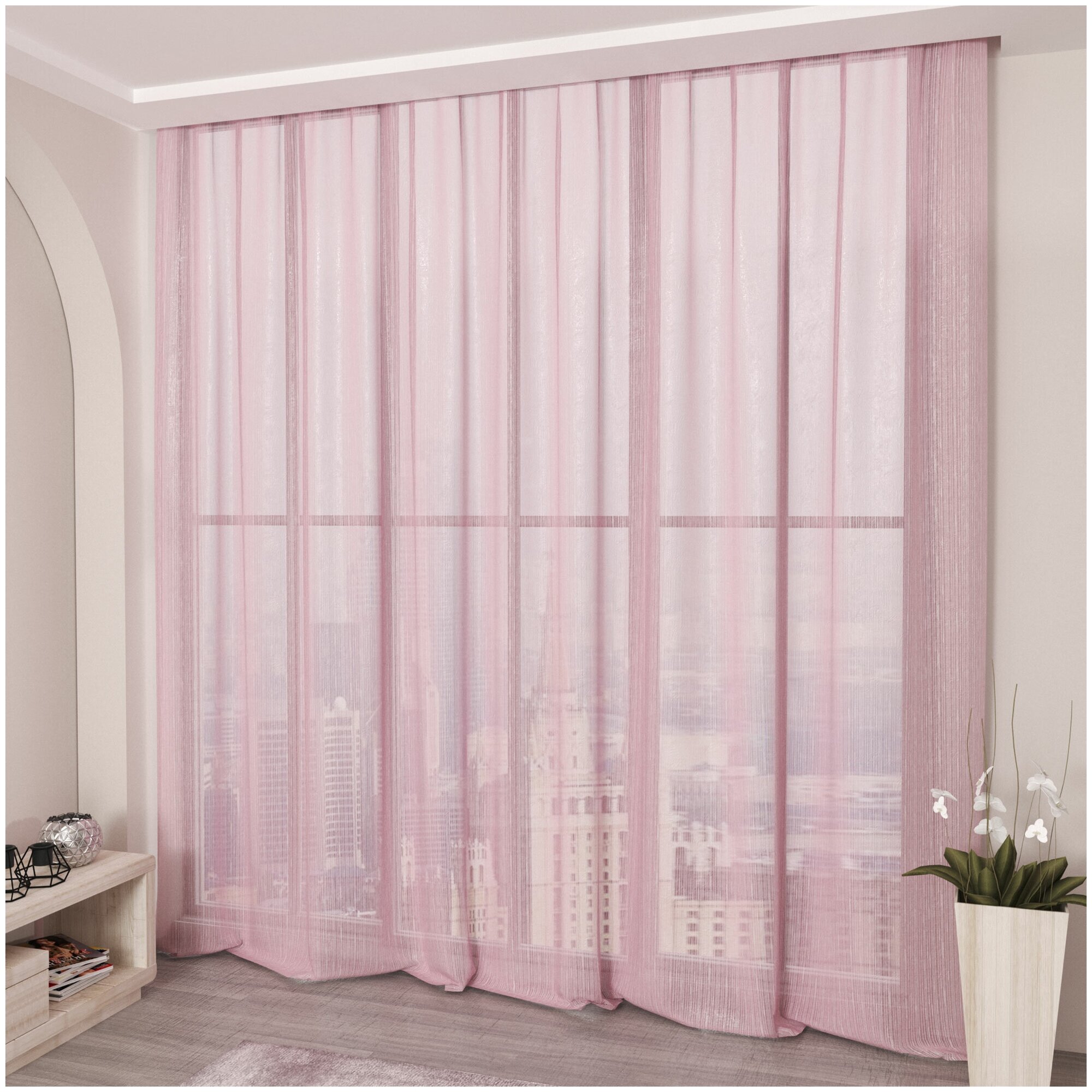 Тюль для комнаты Дождик цвет розовый, высота 240 см, ширина 300 см, на шторной ленте - фотография № 1
