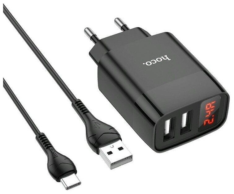 Адаптер питания Hoco C86A lllustrious charger с кабелем Type-C (2USB: 5V max 2.4A) с дисплеем Черный