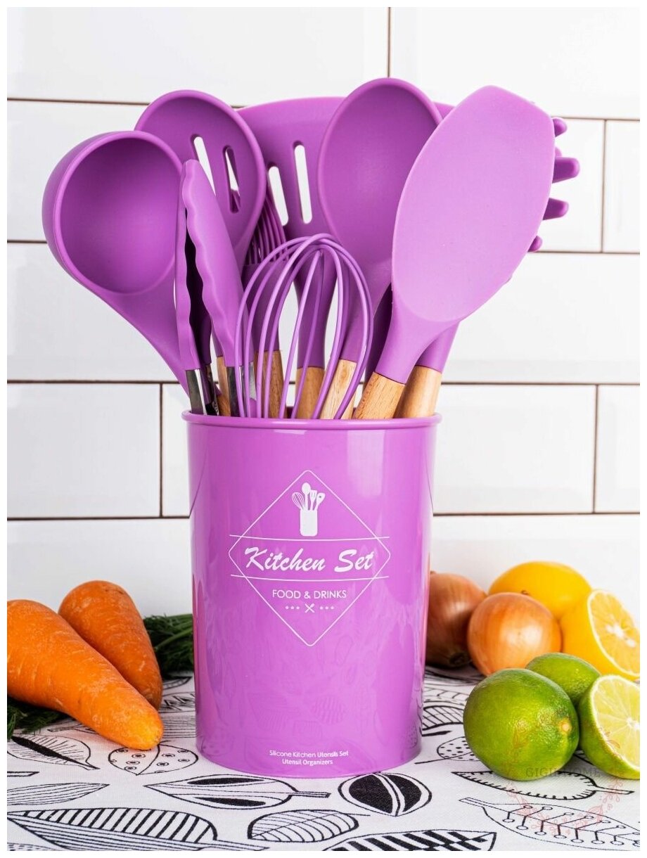Набор кухонных принадлежностей из бука и силикона 12 предметов - Идеальный подарок фиолетовый