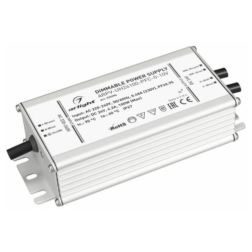 030284 Блок питания ARPV-UH24100-PFC-0-10V (24V, 4.2A, 100W) (Arlight, IP67 Металл, 7 лет) блок питания arpv uh24100 pfc 0 10v 24v 4 2a 100w arlight ip67 металл 7 лет артикул 030284