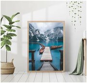 Постер без рамки "Озеро в горах, мостик, лодки" 30*40 в тубусе / Картина для интерьера / Плакат / Постер на стену / Интерьерные картины