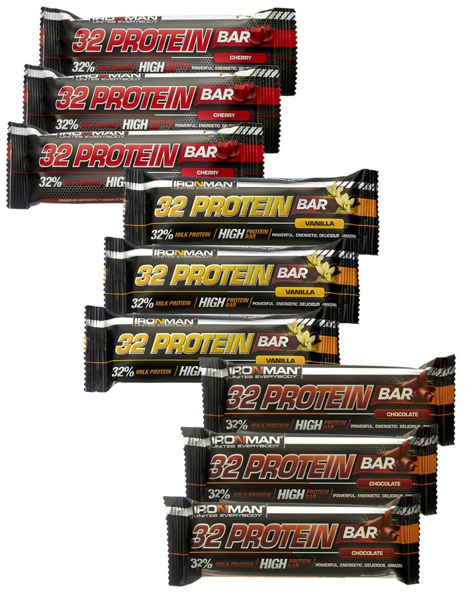 Ironman 32% Protein bar Ассорти 9х50г (Ваниль, Вишня, Шоколад) / Протеиновый батончик в шоколаде для набора мышечной массы женщин и мужчин