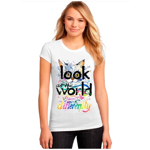 фото "женская белая футболка кот, глаза, радуга". размер m drabs