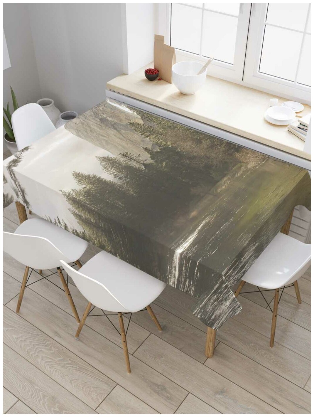 Скатерть прямоугольная JoyArty на кухонный стол "Ели на берегу" из оксфорда, 120x145 см