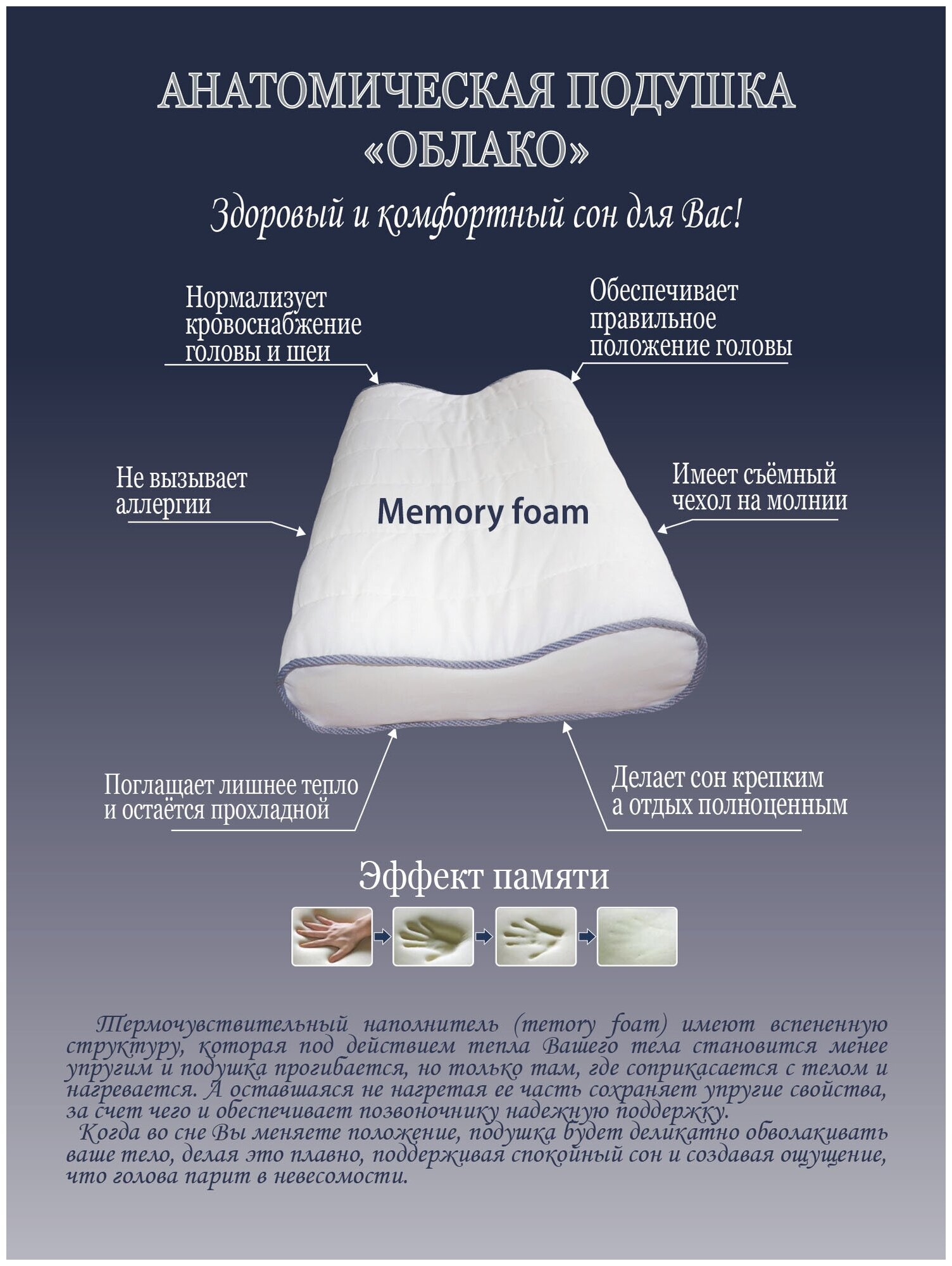 Анатомическая подушка "Облачко" с эффектом памяти - фотография № 6