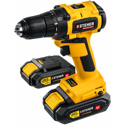 Дрель-шуруповерт аккумуляторный бесщеточный 20 В 45 Нм 2 АКБ 2 Ач кейс STEHER CDB-200-2 1058000₽