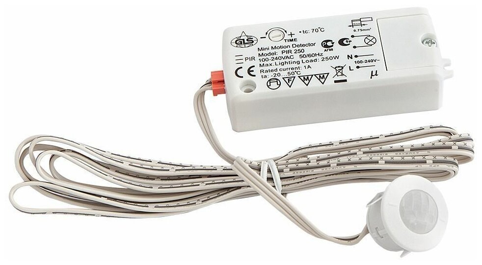 Выключатель врезной PIR250, датчик движения 2м, max 220V, max 250W, провод 2м, белый