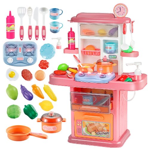 Интерактивная детская кухня, многофункциональный игрушечный гарнитур с набором посуды и продуктами, с водой, высота 70 см, розовый
