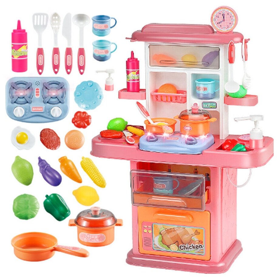 Интерактивная детская кухня многофункциональный игрушечный гарнитур с набором посуды и продуктами с водой высота 70 см розовый