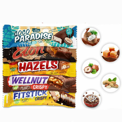 Coco + Elon + Fitstick + Hazels + Wellnut = Ассорти, 5х45г батончики протеиновые wellnut и hazels ассорти