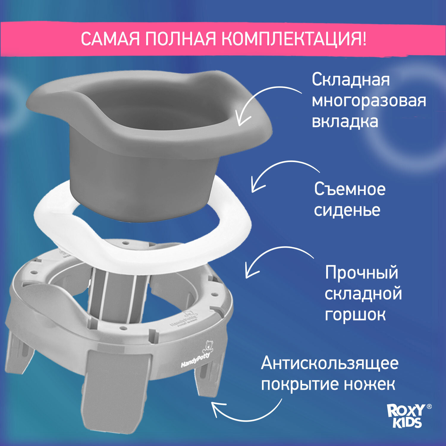 Горшок детский дорожный складной с многоразовой вкладкой HandyPotty 3 в 1 от ROXY-KIDS, цвет серый/серый