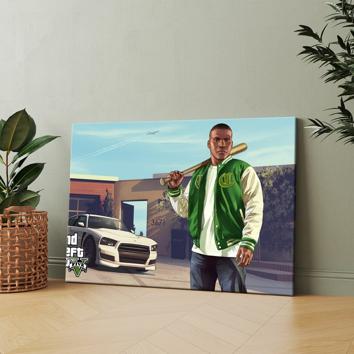 Картина на холсте (Мужчина в зеленой куртке держит бейсбольную биту) 20x30 см. Интерьерная, на стену.