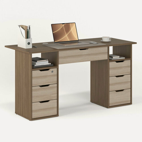 Изображение товара Двухтумбовый письменный стол с 6 узкими и 1 широким ящиком 146х60 см МагМебель №73Я ясень тёмный + ясень светлый