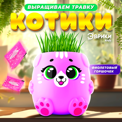 Набор для опытов Котики Выращиваем травку фиолетовый горшочек Эврики kids 259₽