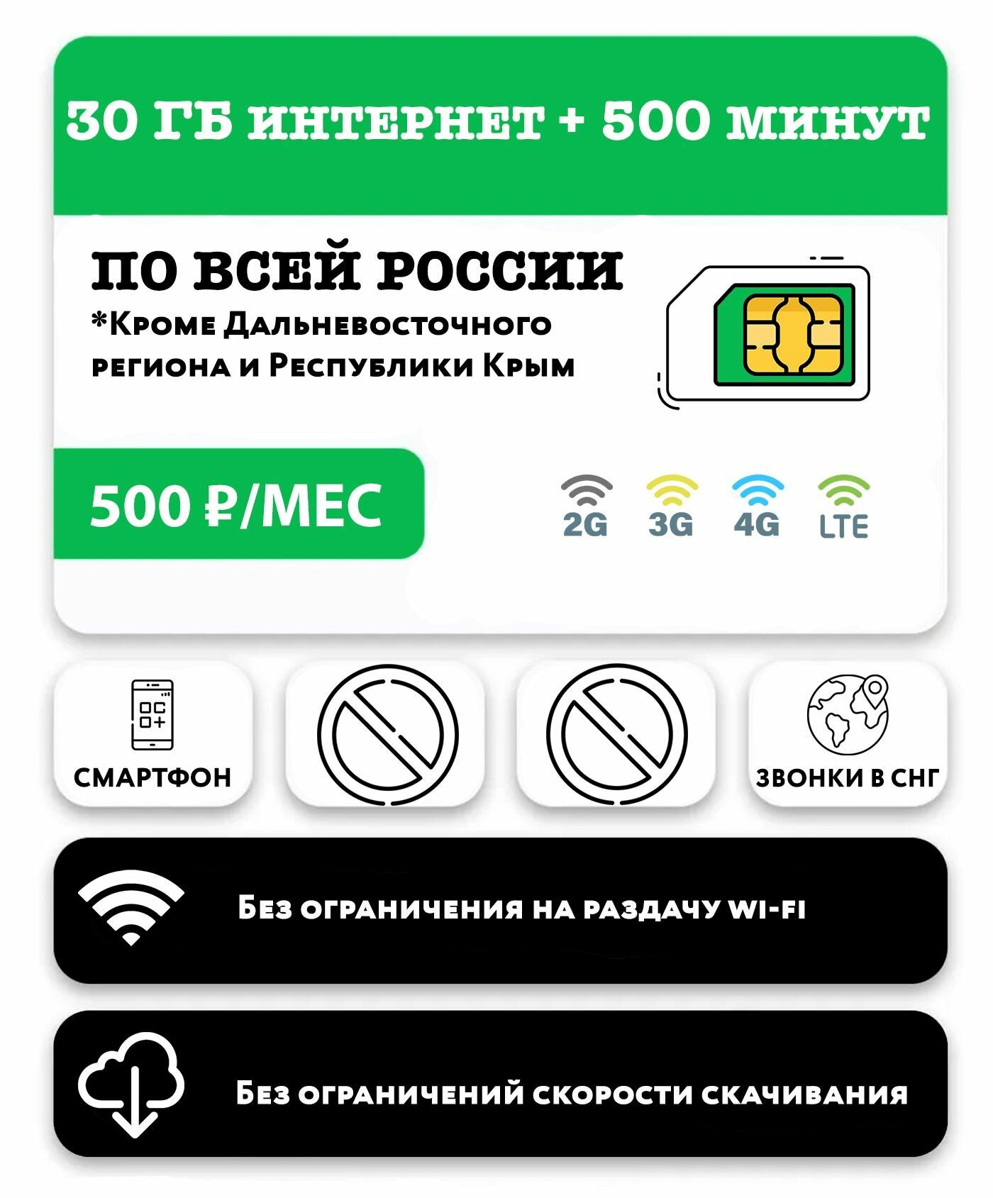 SIM-карта с 30 гб интернета 3G/4G/LTE + 500 минут за 500 руб/месяц + выгодные звонки в СНГ (Узбекистан, Кыргызстан, Таджикистан)