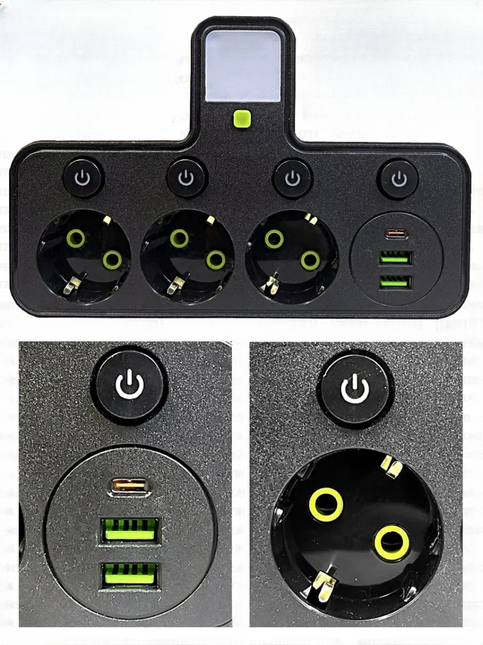 Тройник разветвитель с 4-мя розетками и 2 USB / Тройник с подсветкой и Type-C портом — фото 1
