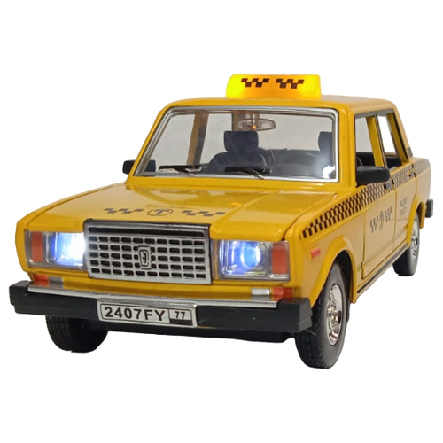 Металлическая машинка ВАЗ 2107 Такси 18 см, свет, звук, жёлтая модель автомобиля масштаб 1 32 металлический корпус резиновые колеса свет открываются все двери капот багажник инерционный механизм