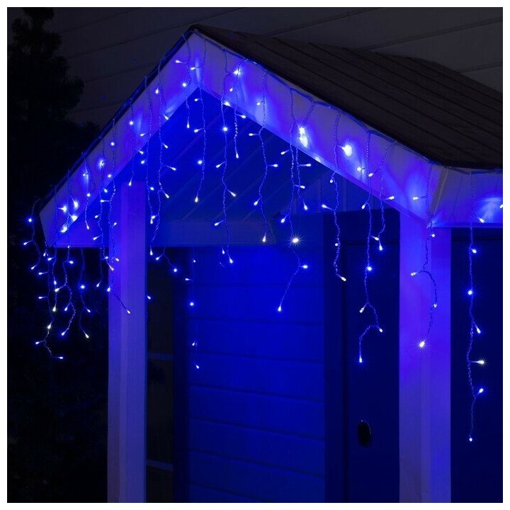 фото Гирлянда "Бахрома" 3 х 0.6 м , IP44, УМС, прозрачная нить, 160 LED, свечение синее, мерцание белым, 220 В