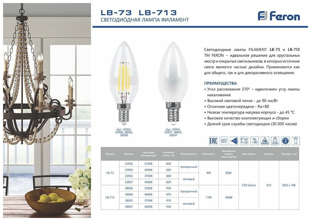 Лампа светодиодная Feron LB-713 Свеча E14 11W 4000K