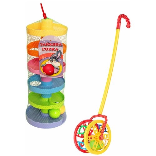 Детский развивающий набор для малышей Игра Зайкина горка с шариками №2 15002 + Каталка Колесо с ручкой, биплант