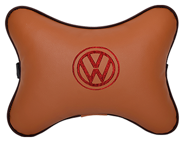 Автомобильная подушка на подголовник экокожа Fox (красный) с логотипом автомобиля Volkswagen