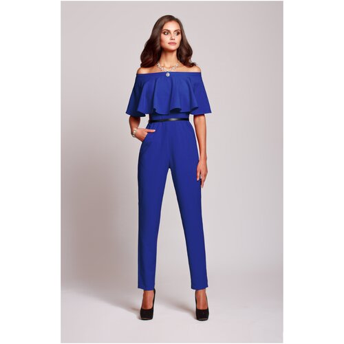 фото Синий комбинезон женский, синий комбез с открытыми плечами и воланом. celentina