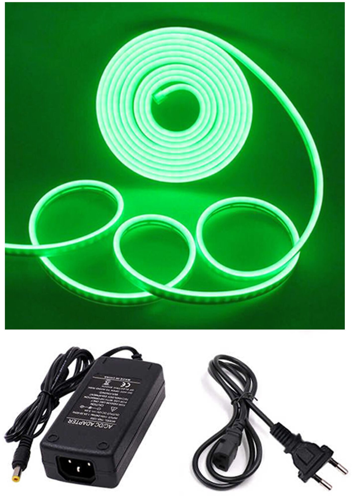 Неоновая светодиодная лента 5м, 24V, IP67 / комплект с адаптером / цвет зеленый