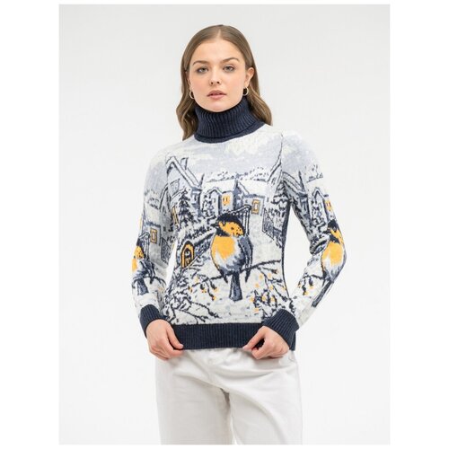 фото Женский свитер со снегирем и домиками pulltonic