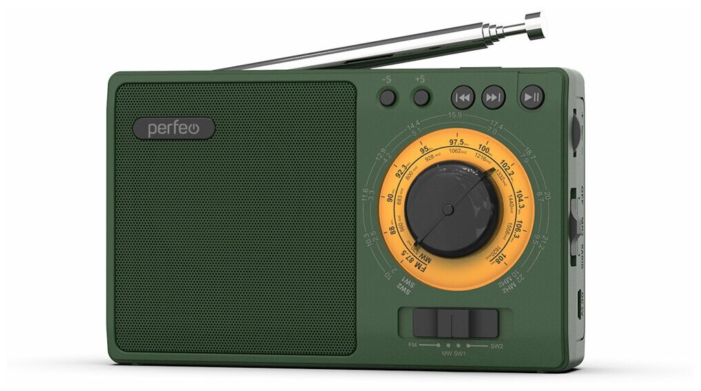 PERFEO мини-аудио заря, FM/СВ/КВ1/КВ2, MP3, USB, TF, AUX, 3 ВТ, зелёный