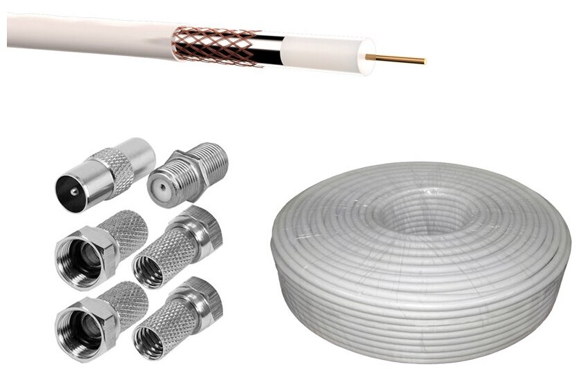 Антенный коаксиальный телевизионный медный CU кабель SAT 703 30 метров в комплекте: штекер ТВ - 1 шт, F-разъем -4 шт, соединитель (бочка) 1шт
